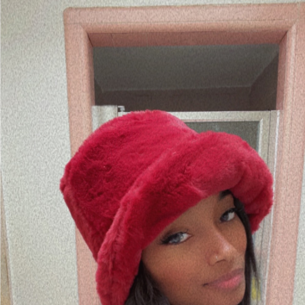 fluffy red bucket hat